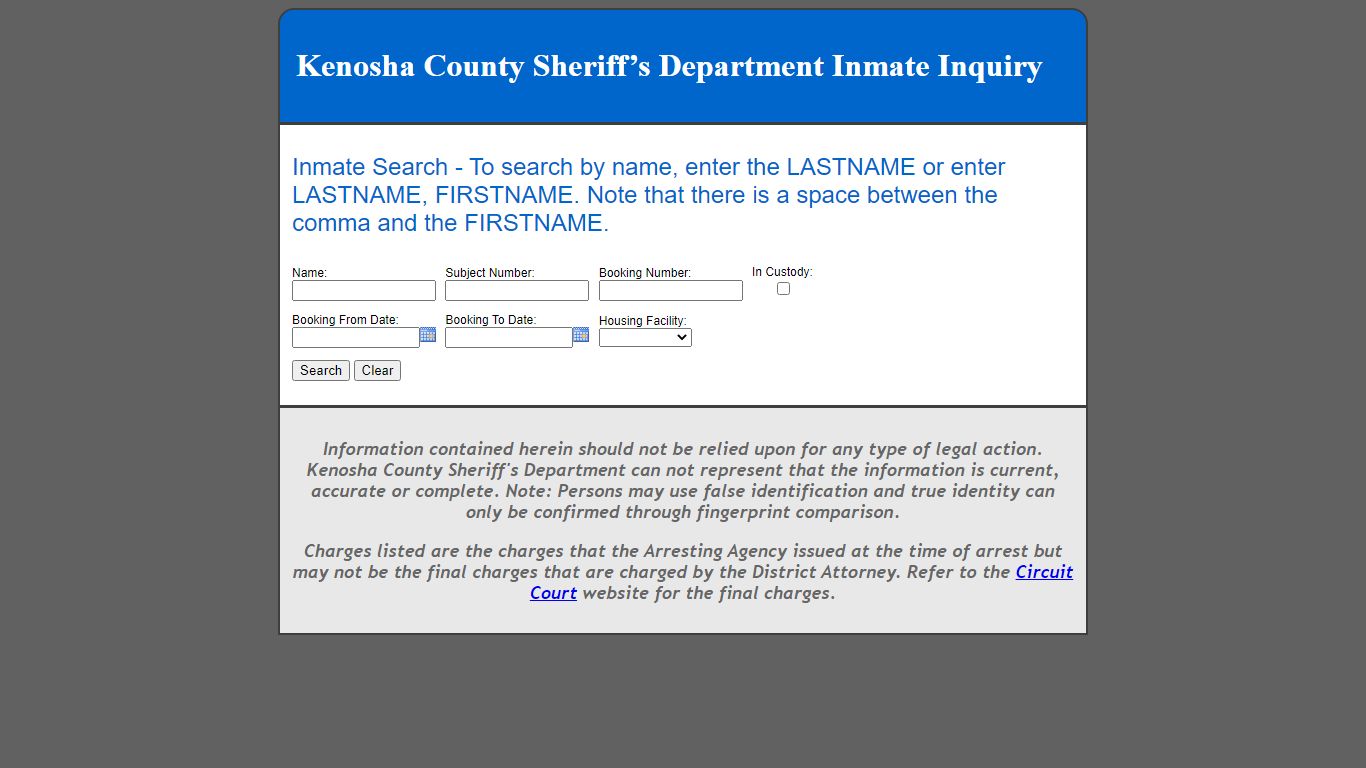 Kenosha County Sheriff’s Department Inmate Inquiry